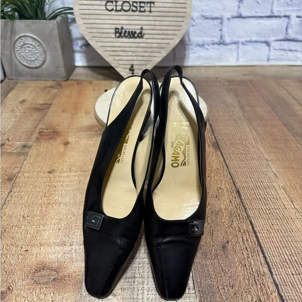 Salvatore Ferragamo black leather slingback kitten heels